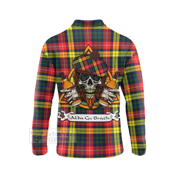 Dewar Tartan Long Sleeve Polo Shirt with Family Crest and Bearded Skull Holding Bottles of Whiskey - Tartan Vibes Clothing