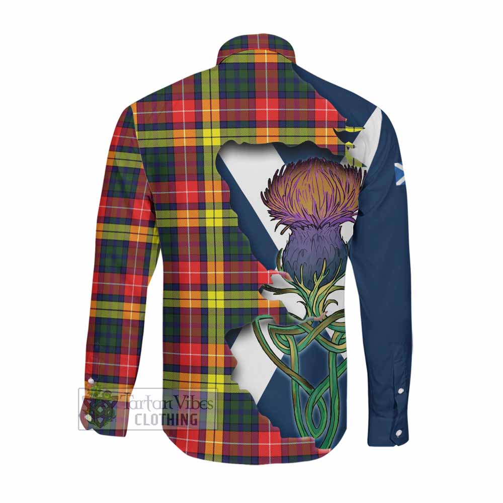 Tartan Vibes Clothing Dewar Tartan Family Crest Long Sleeve Button Shirt Scottish Thistle Celtic Inspired