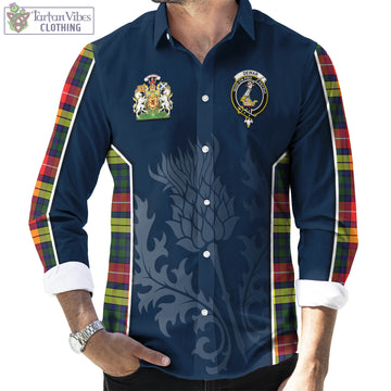 Dewar Tartan Long Sleeve Button Up Shirt with Family Crest and Scottish Thistle Vibes Sport Style