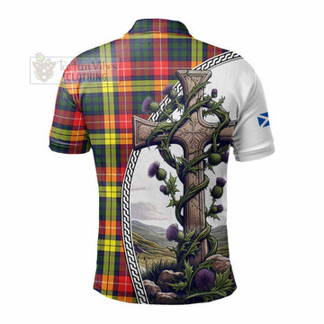 Dewar Tartan Polo Shirt with Family Crest and St. Andrew's Cross Accented by Thistle Vines - Tartan Vibes Clothing
