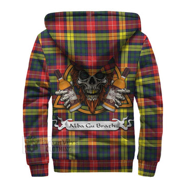 Dewar Tartan Sherpa Hoodie with Family Crest and Bearded Skull Holding Bottles of Whiskey - Tartan Vibes Clothing