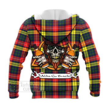 Dewar Tartan Knitted Hoodie with Family Crest and Bearded Skull Holding Bottles of Whiskey - Tartan Vibes Clothing