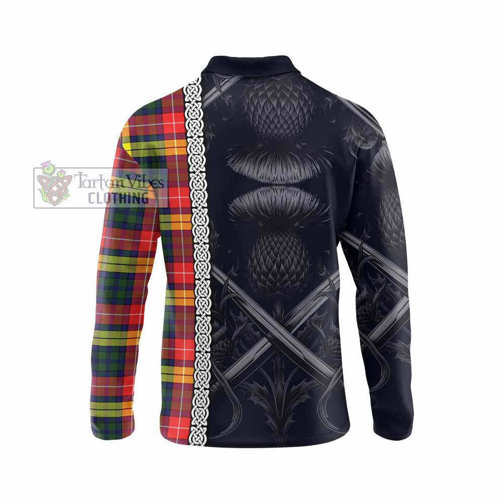 Dewar Tartan Long Sleeve Polo Shirt with Family Crest Cross Sword Thistle Celtic Vibes - Tartan Vibes Clothing
