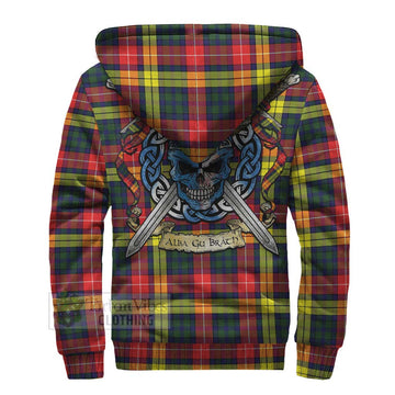 Dewar Tartan Sherpa Hoodie with Family Crest Celtic Skull Style - Tartan Vibes Clothing