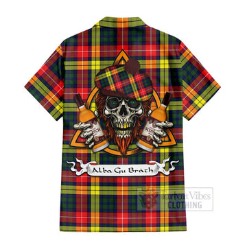 Dewar Tartan Hawaiian Shirt with Family Crest and Bearded Skull Holding Bottles of Whiskey - Tartan Vibes Clothing