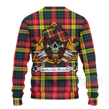Dewar Tartan Ugly Sweater with Family Crest and Bearded Skull Holding Bottles of Whiskey - Tartan Vibes Clothing