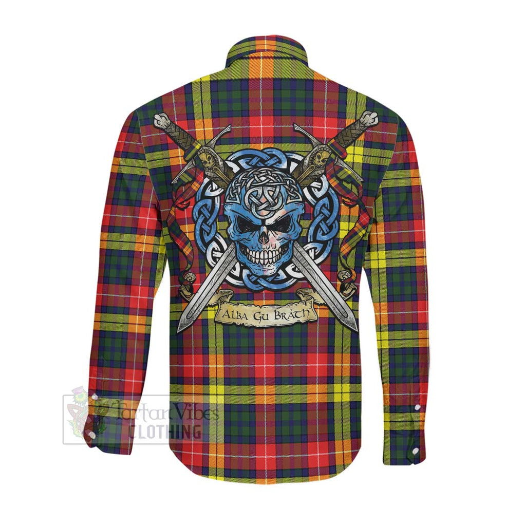 Dewar Tartan Long Sleeve Button Shirt with Family Crest Celtic Skull Style Men's Shirt - Tartan Vibes Clothing