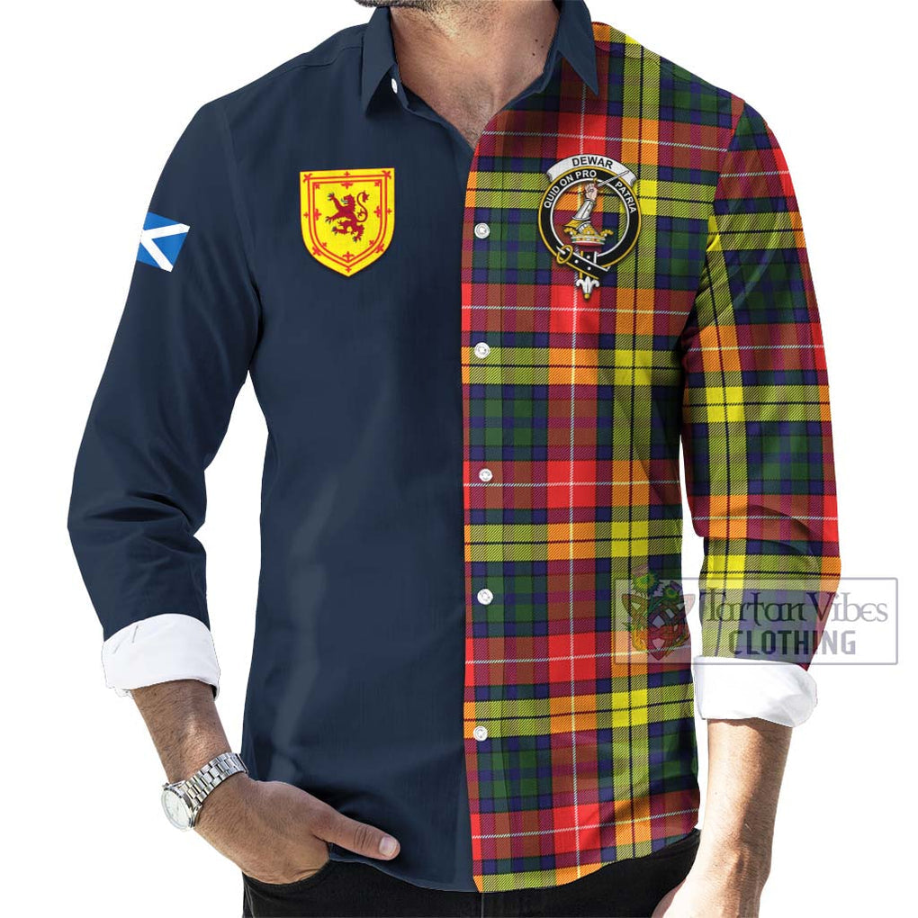 Tartan Vibes Clothing Dewar Tartan Long Sleeve Button Shirt with Scottish Lion Royal Arm Half Style