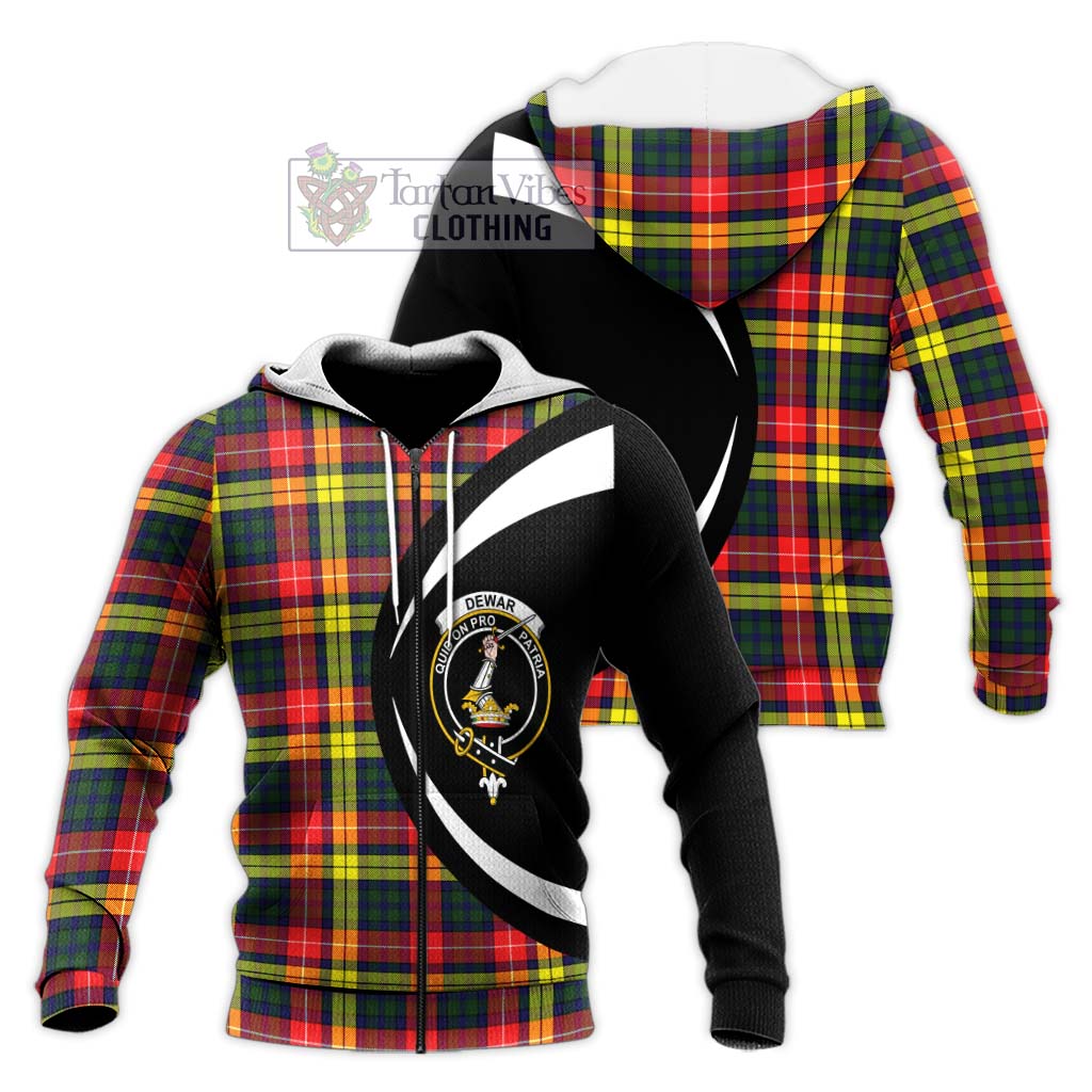 Dewar Tartan Knitted Hoodie with Family Crest Circle Style Unisex Knitted Zip Hoodie - Tartan Vibes Clothing