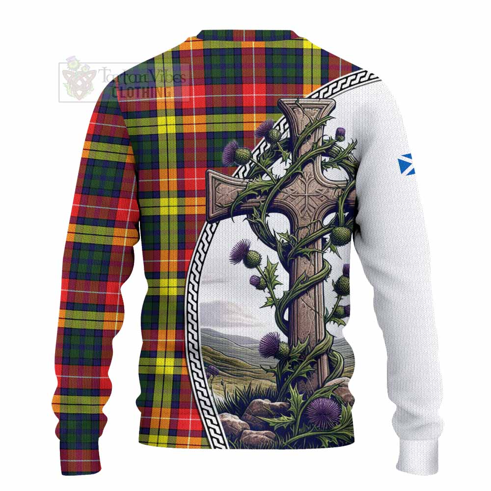 Dewar Tartan Knitted Sweater with Family Crest and St. Andrew's Cross Accented by Thistle Vines - Tartan Vibes Clothing