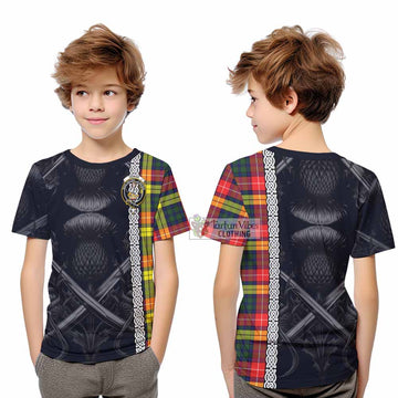 Dewar Tartan Kid T-Shirt with Family Crest Cross Sword Thistle Celtic Vibes - Tartan Vibes Clothing