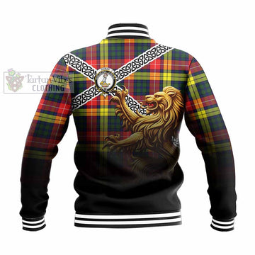 Tartan Vibes Clothing Dewar Crest Tartan Baseball Jacket with Golden Lion Emblem Celtic Style