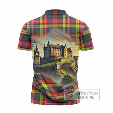 Dewar Tartan Family Crest Zipper Polo Shirt with Scottish Ancient Castle Style - Tartan Vibes Clothing