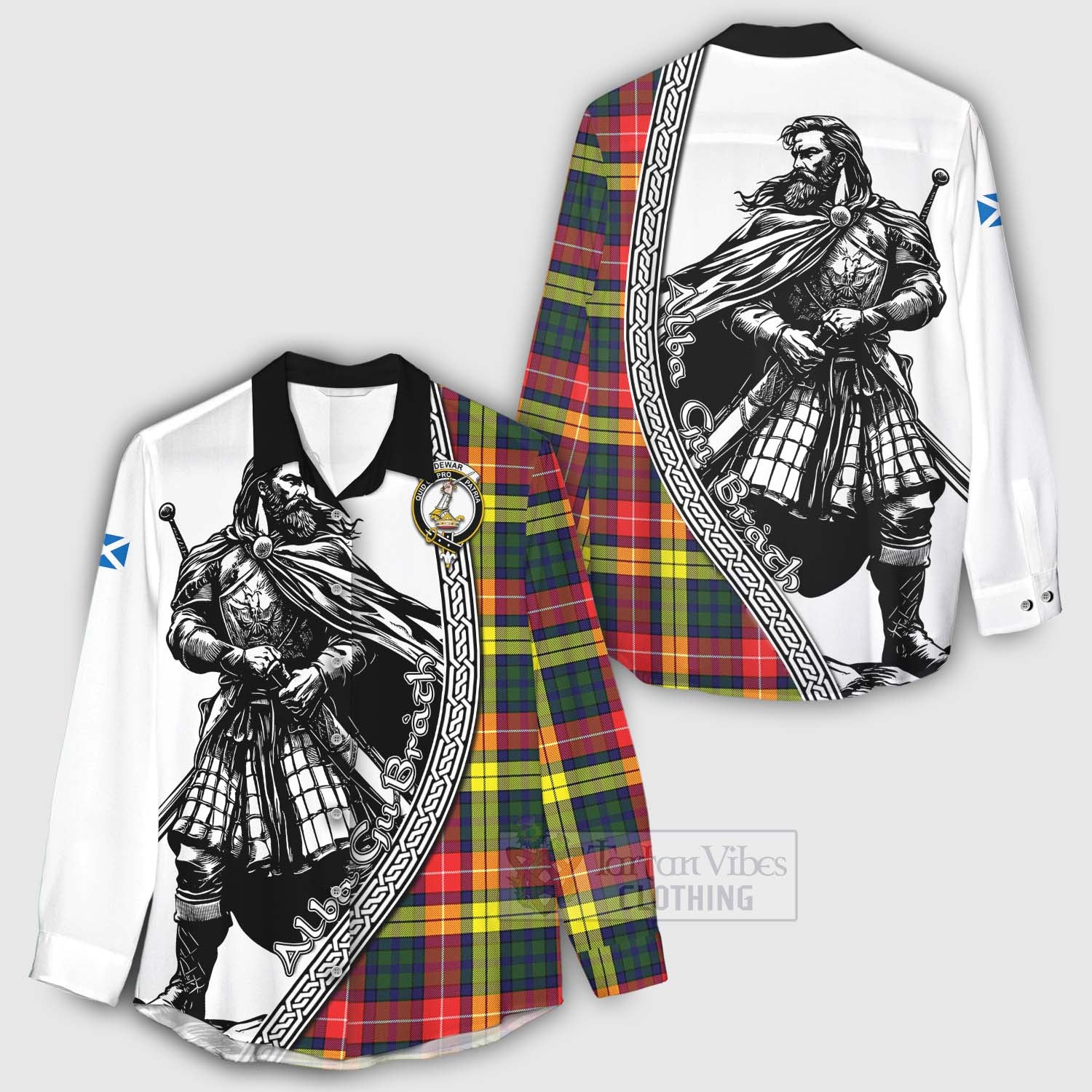 Dewar Tartan Clan Crest Women's Casual Shirt with Highlander Warrior Celtic Style - Tartan Vibes Clothing