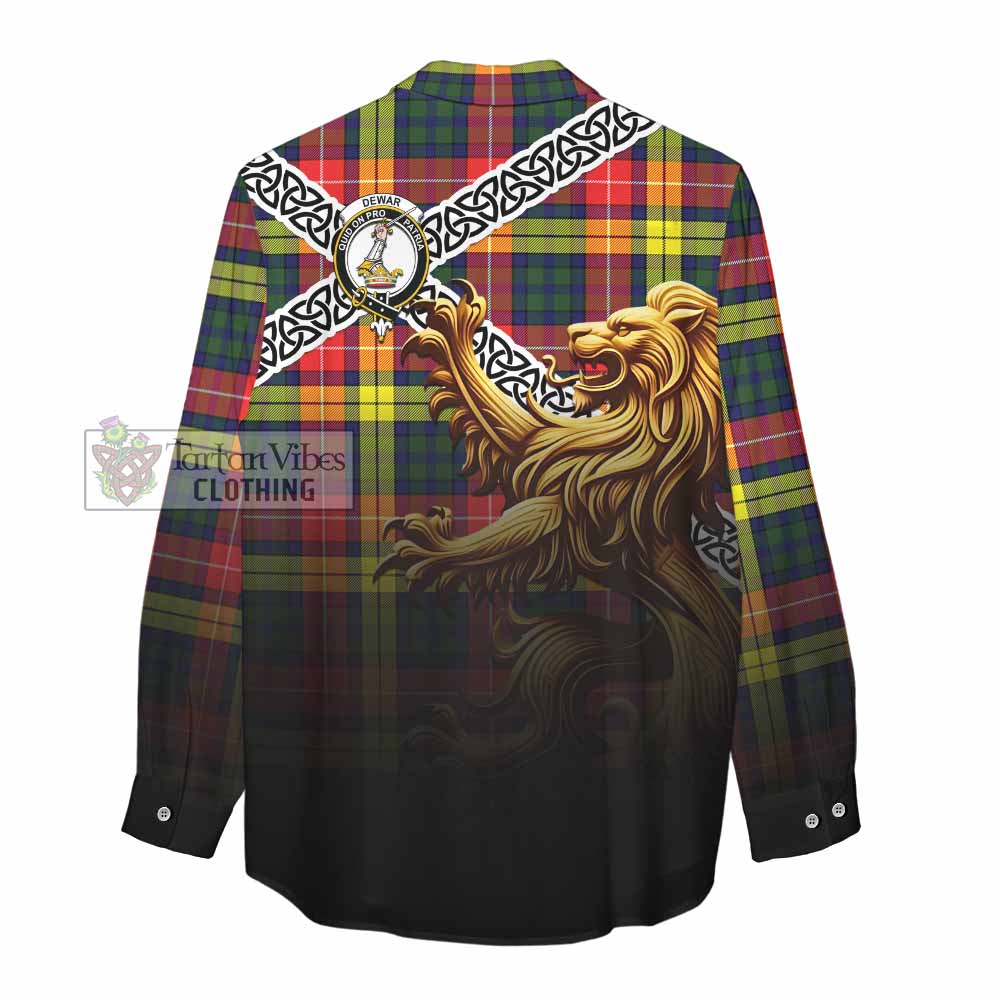 Dewar Crest Tartan Women's Casual Shirt with Golden Lion Emblem Celtic Style - Tartan Vibes Clothing