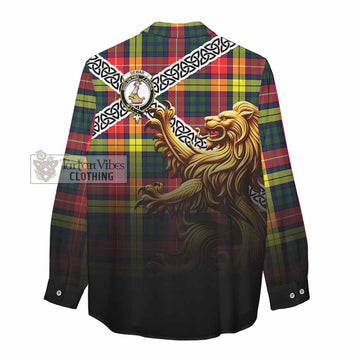 Dewar Crest Tartan Women's Casual Shirt with Golden Lion Emblem Celtic Style - Tartan Vibes Clothing