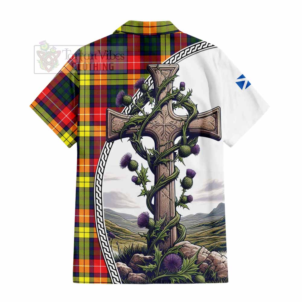 Dewar Tartan Hawaiian Shirt with Family Crest and St. Andrew's Cross Accented by Thistle Vines - Tartan Vibes Clothing