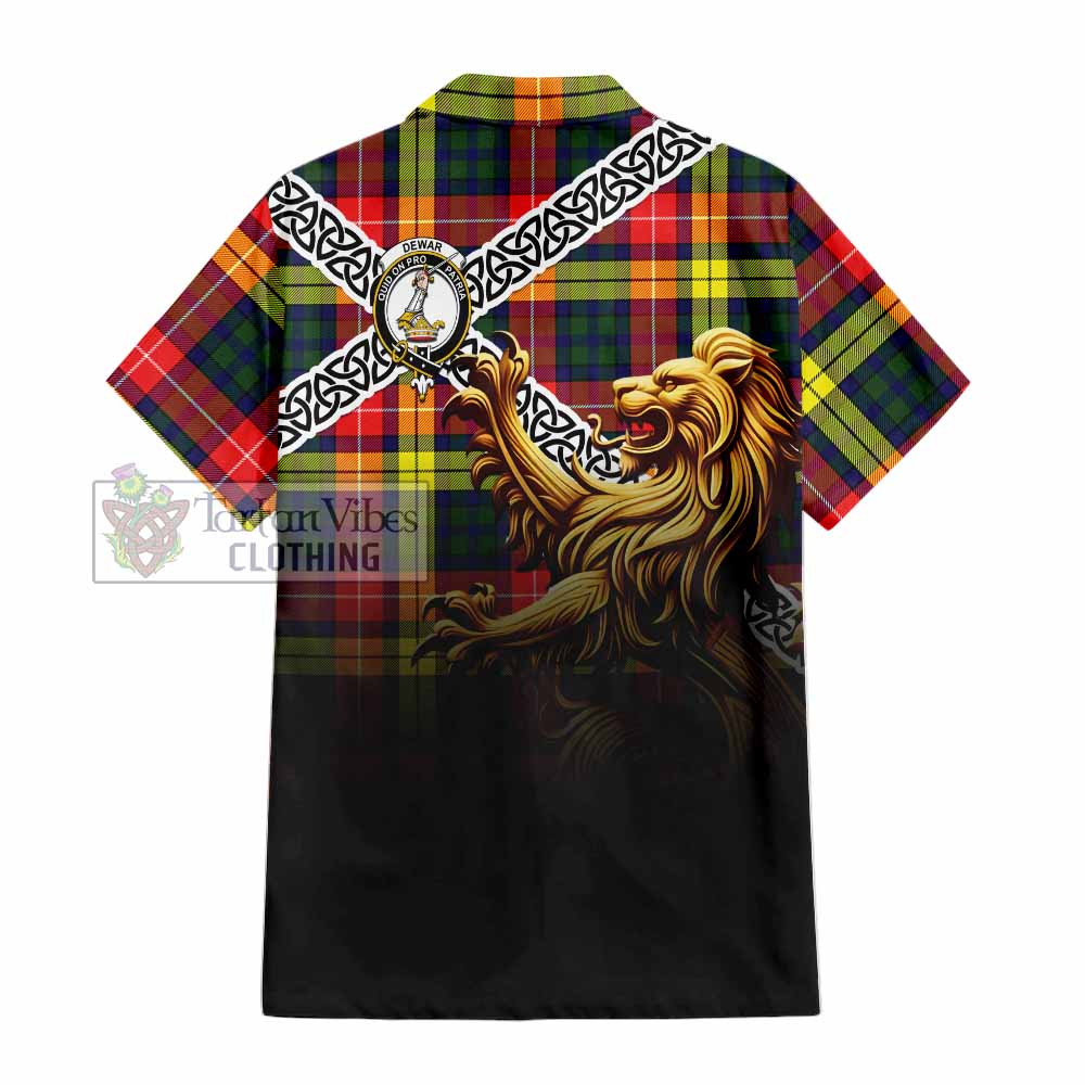 Dewar Crest Tartan Hawaiian Shirt with Golden Lion Emblem Celtic Style - Tartan Vibes Clothing