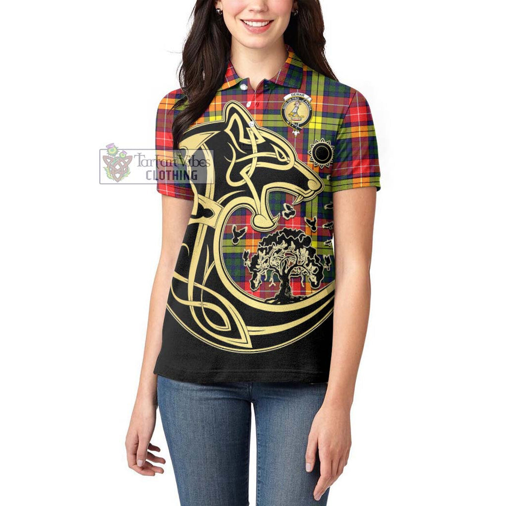 Dewar Tartan Women's Polo Shirt with Family Crest Celtic Wolf Style - Tartan Vibes Clothing