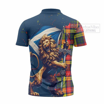 Dewar Tartan Family Crest Zipper Polo Shirt with Scottish Majestic Lion - Tartan Vibes Clothing