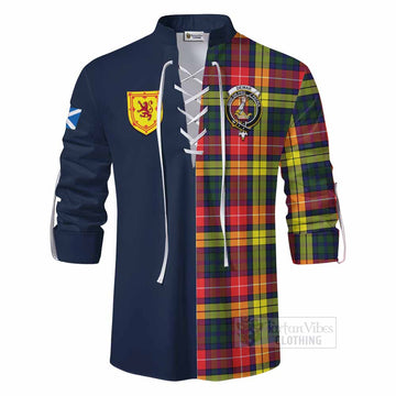 Dewar Tartan Ghillie Kilt Shirt Alba with Scottish Lion Royal Arm Half Style - Tartan Vibes Clothing