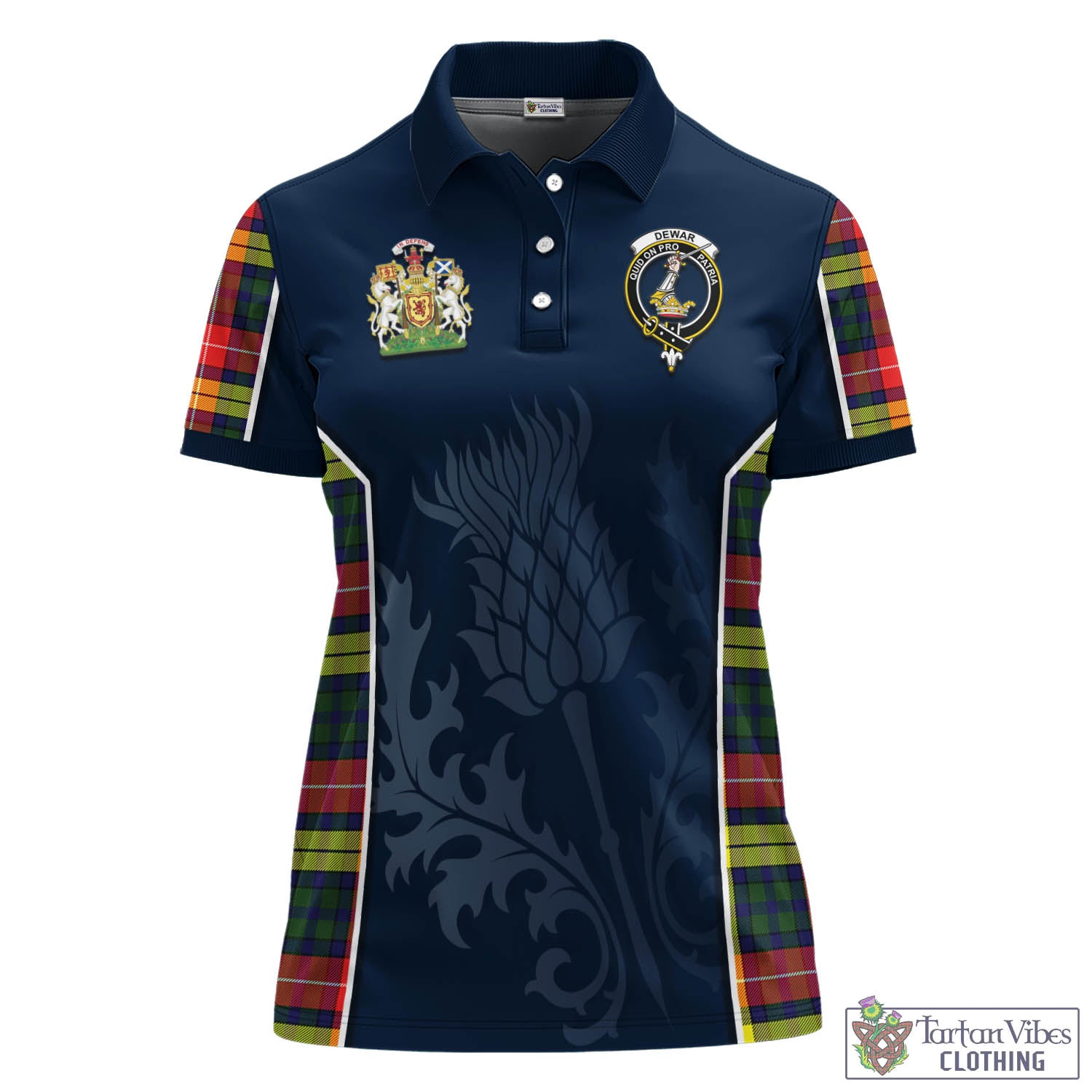 Tartan Vibes Clothing Dewar Tartan Women's Polo Shirt with Family Crest and Scottish Thistle Vibes Sport Style