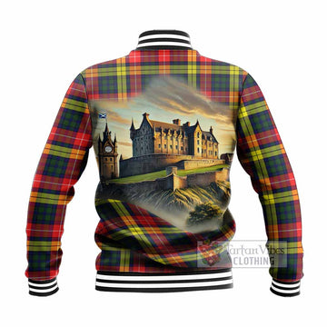 Dewar Tartan Family Crest Baseball Jacket with Scottish Ancient Castle Style - Tartan Vibes Clothing