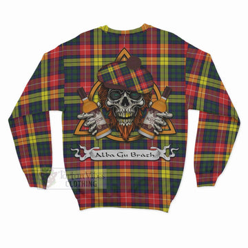 Dewar Tartan Sweatshirt with Family Crest and Bearded Skull Holding Bottles of Whiskey - Tartan Vibes Clothing
