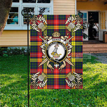 Tartan Vibes Clothing Dewar Tartan Flag with Family Crest and Golden Thistle Crossed Sword Design