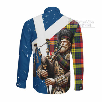 Dewar Tartan Long Sleeve Button Shirt with Family Crest Scottish Bagpiper Vibes - Tartan Vibes Clothing