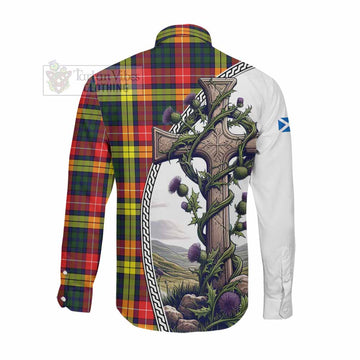 Dewar Tartan Long Sleeve Button Shirt with Family Crest and St. Andrew's Cross Accented by Thistle Vines Men's Shirt - Tartan Vibes Clothing