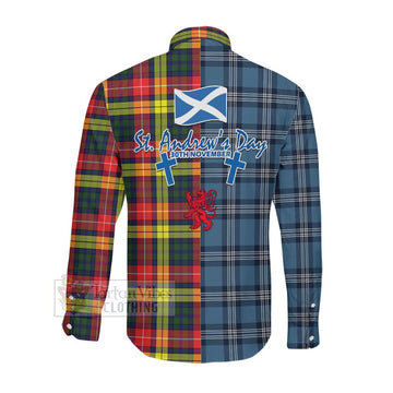 Dewar Tartan Long Sleeve Button Shirt Happy St. Andrew's Day Half Tartan Style Men's Shirt - Tartan Vibes Clothing