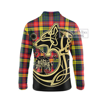 Dewar Tartan Long Sleeve Polo Shirt with Family Crest Celtic Wolf Style - Tartan Vibes Clothing