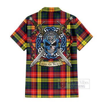 Dewar Tartan Hawaiian Shirt with Family Crest Celtic Skull Style - Tartan Vibes Clothing