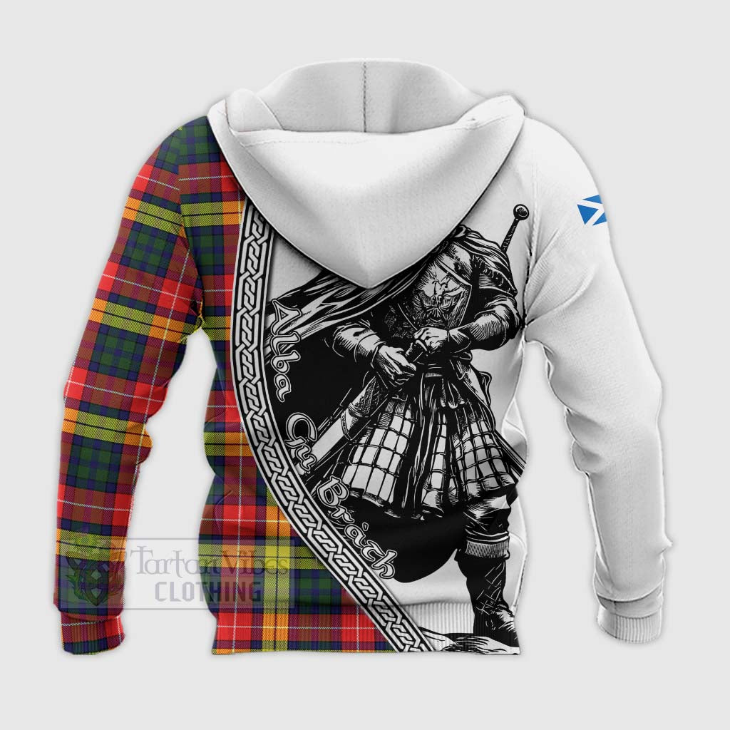 Dewar Tartan Clan Crest Knitted Hoodie with Highlander Warrior Celtic Style - Tartan Vibes Clothing