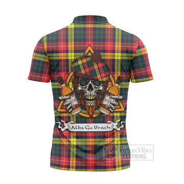 Dewar Tartan Zipper Polo Shirt with Family Crest and Bearded Skull Holding Bottles of Whiskey - Tartan Vibes Clothing