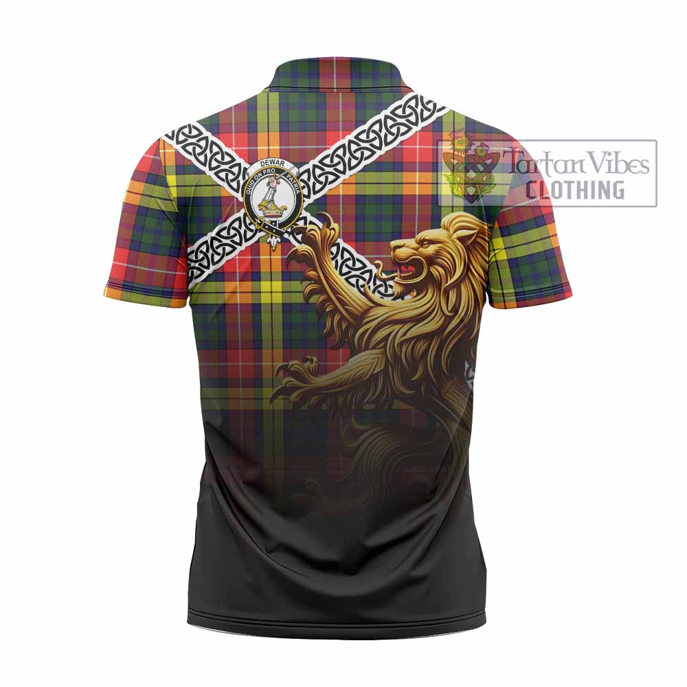 Dewar Crest Tartan Zipper Polo Shirt with Golden Lion Emblem Celtic Style - Tartan Vibes Clothing