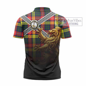 Dewar Crest Tartan Zipper Polo Shirt with Golden Lion Emblem Celtic Style - Tartan Vibes Clothing