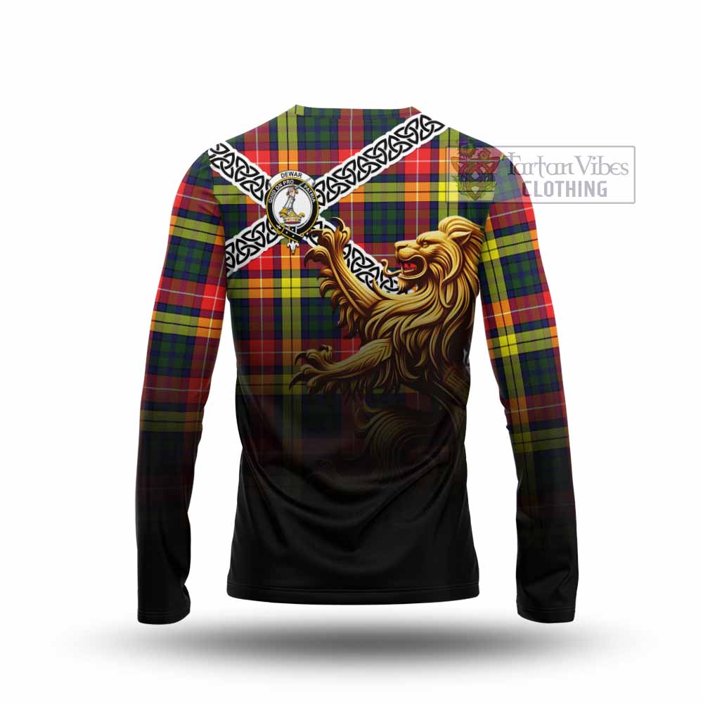 Dewar Crest Tartan Long Sleeve T-Shirt with Golden Lion Emblem Celtic Style - Tartan Vibes Clothing