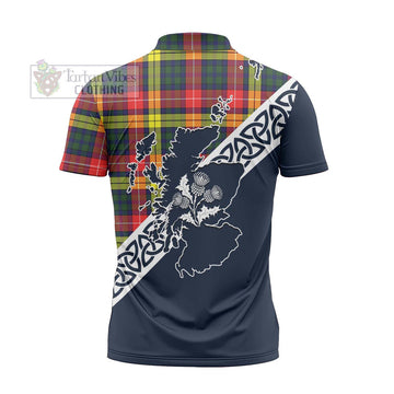 Dewar Tartan Zipper Polo Shirt Featuring Thistle and Scotland Map - Tartanvibesclothing Store
