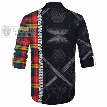Dewar Tartan Ghillie Kilt Shirt with Family Crest Cross Sword Thistle Celtic Vibes - Tartan Vibes Clothing
