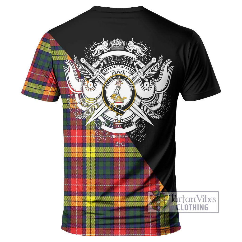 Dewar Tartan T-Shirt with Family Crest and Military Logo Style - Tartan Vibes Clothing