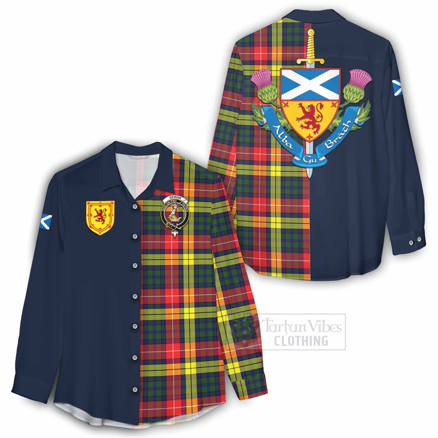 Dewar Tartan Women's Casual Shirt Alba with Scottish Lion Royal Arm Half Style - Tartan Vibes Clothing
