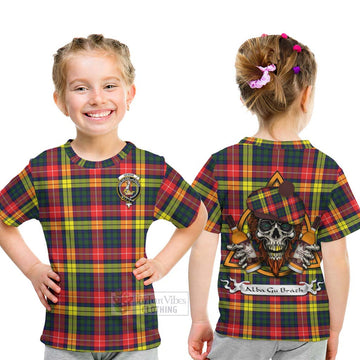 Dewar Tartan Kid T-Shirt with Family Crest and Bearded Skull Holding Bottles of Whiskey - Tartan Vibes Clothing