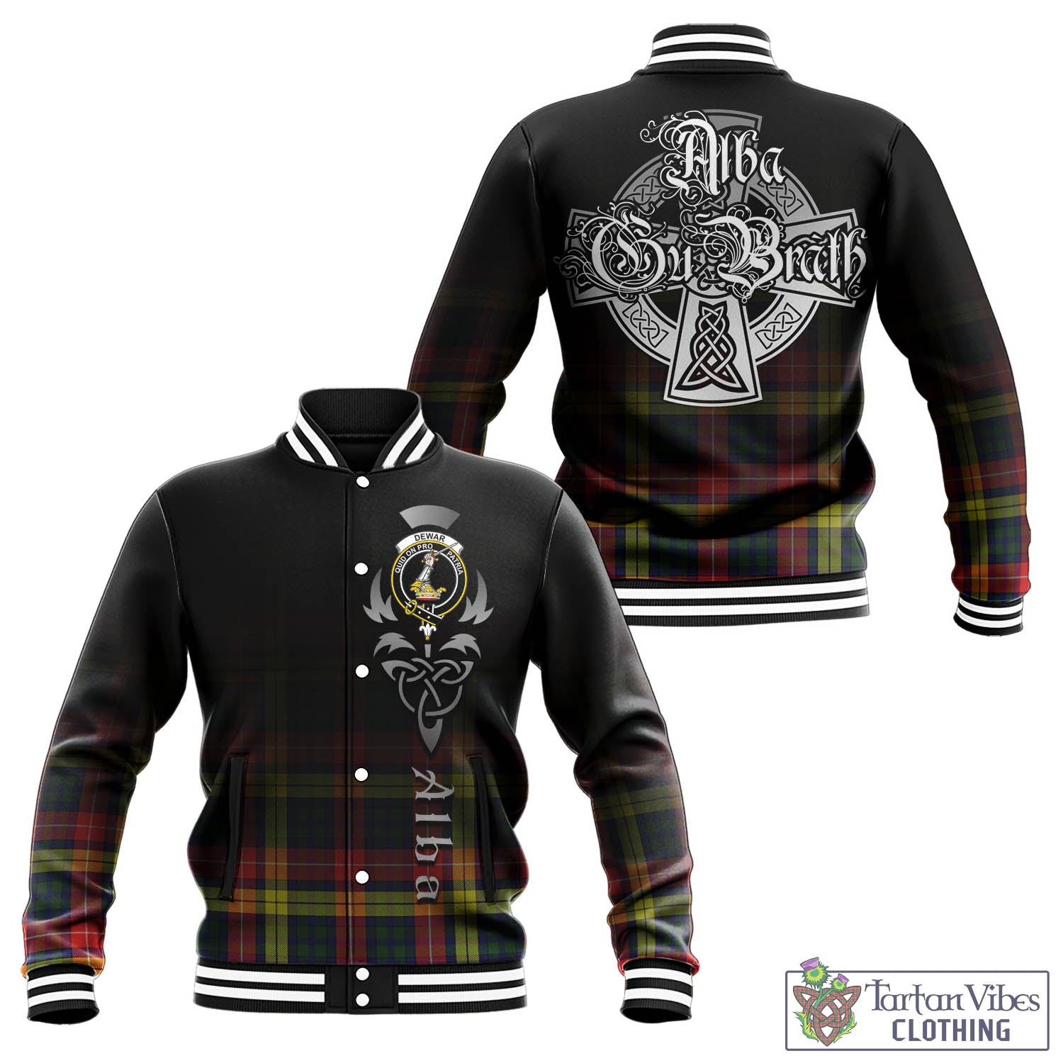 Dewar Tartan Baseball Jacket Featuring Alba Gu Brath Family Crest Celtic Inspired - Tartan Vibes Clothing
