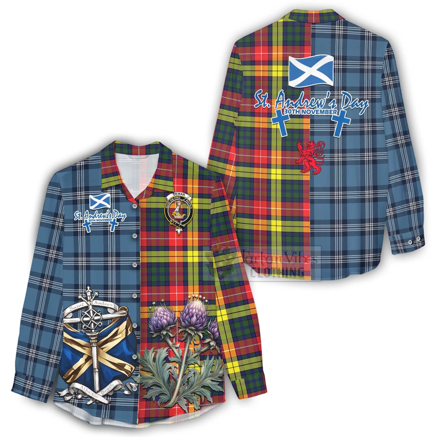 Dewar Tartan Women's Casual Shirt Happy St. Andrew's Day Half Tartan Style - Tartan Vibes Clothing