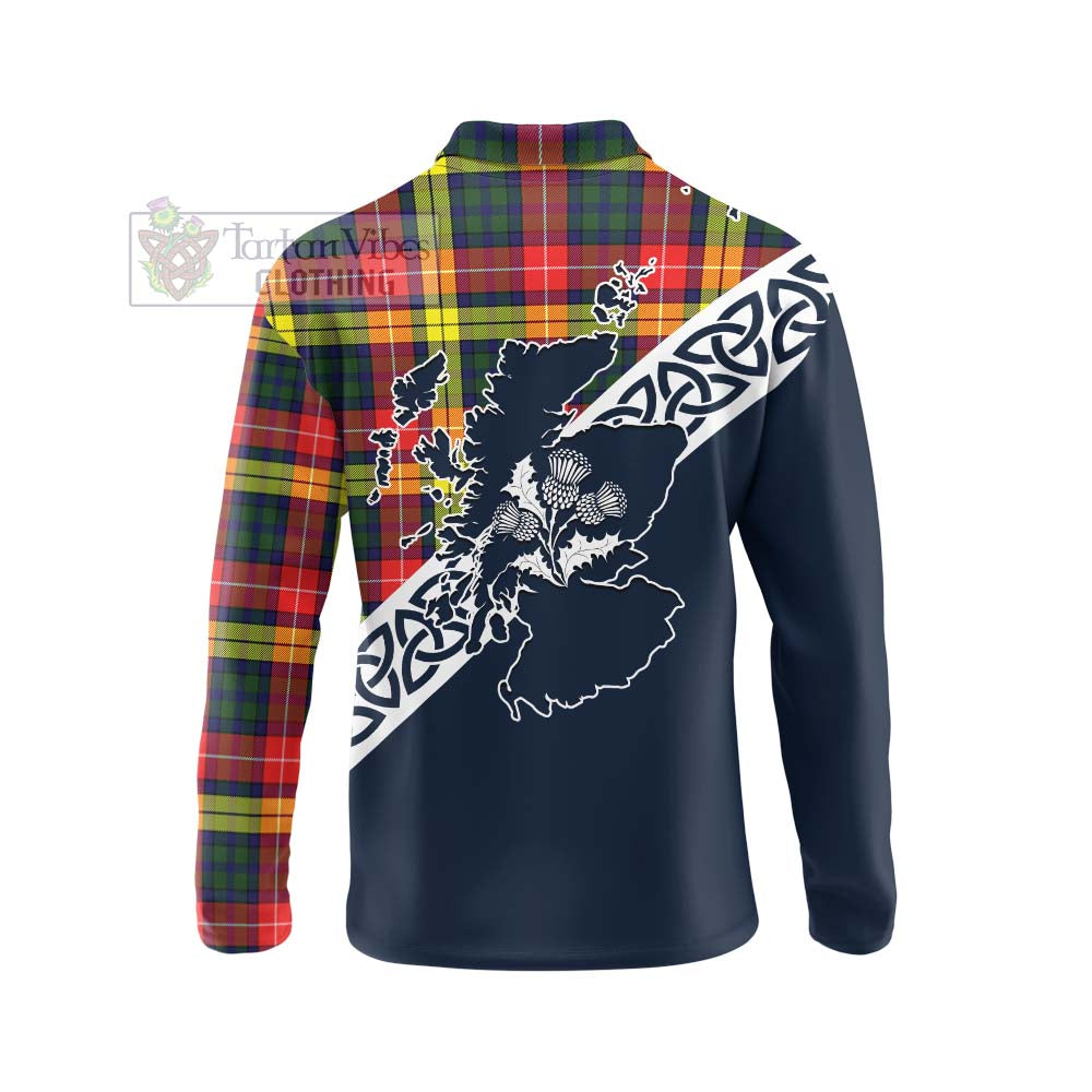 Dewar Tartan Long Sleeve Polo Shirt Featuring Thistle and Scotland Map - Tartan Vibes Clothing