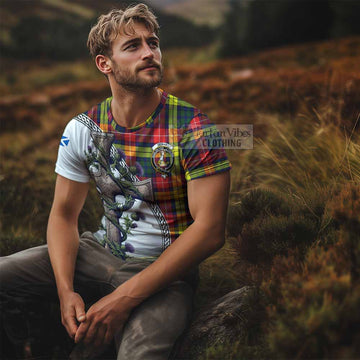 Dewar Tartan T-Shirt with Family Crest and St. Andrew's Cross Accented by Thistle Vines - Tartan Vibes Clothing