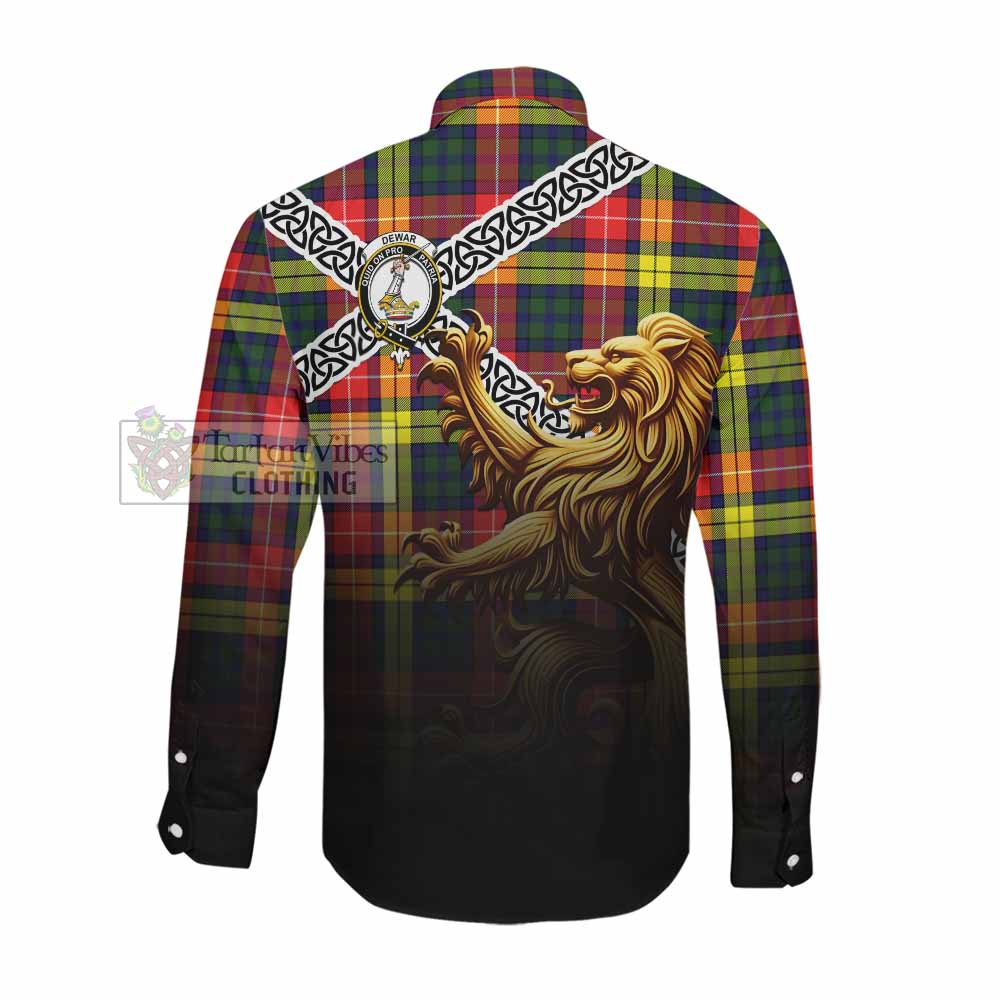 Dewar Crest Tartan Long Sleeve Button Shirt with Golden Lion Emblem Celtic Style Men's Shirt - Tartan Vibes Clothing