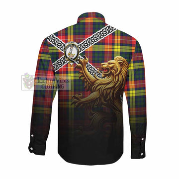 Dewar Crest Tartan Long Sleeve Button Shirt with Golden Lion Emblem Celtic Style Men's Shirt - Tartan Vibes Clothing
